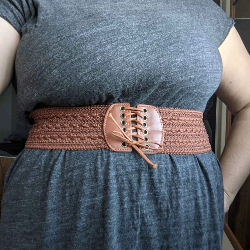 Lace up boho Brown woven corset wide elastic stretch vintage style waist belt - Picture 13 of 14